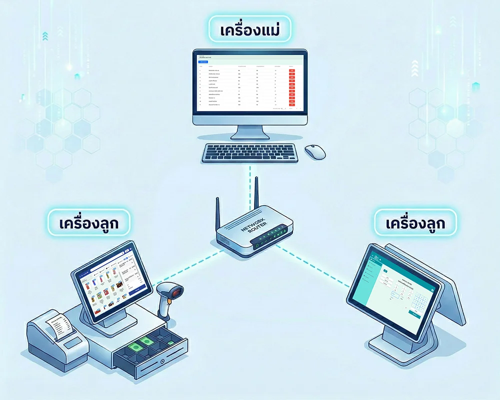 การใช้โปรแกรม POS หลายเครื่อง เชื่อมต่อในวง LAN แบบเครื่องแม่-ลูก