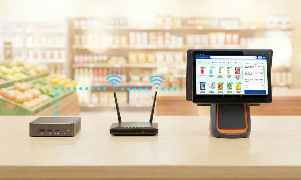 ลักษณะการเชื่อมต่อระบบของ POSBOX และเครื่องลูก Android